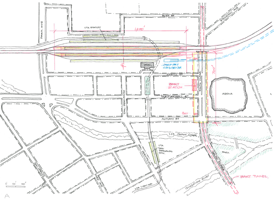 Transit Option 1 would have High Speed Rail at grade using the existing station.
The new BART station will be located under Santa Clara Street.
A new aerial tramway to San Jose Airport is shown together with the light rail line connecting to Downtown