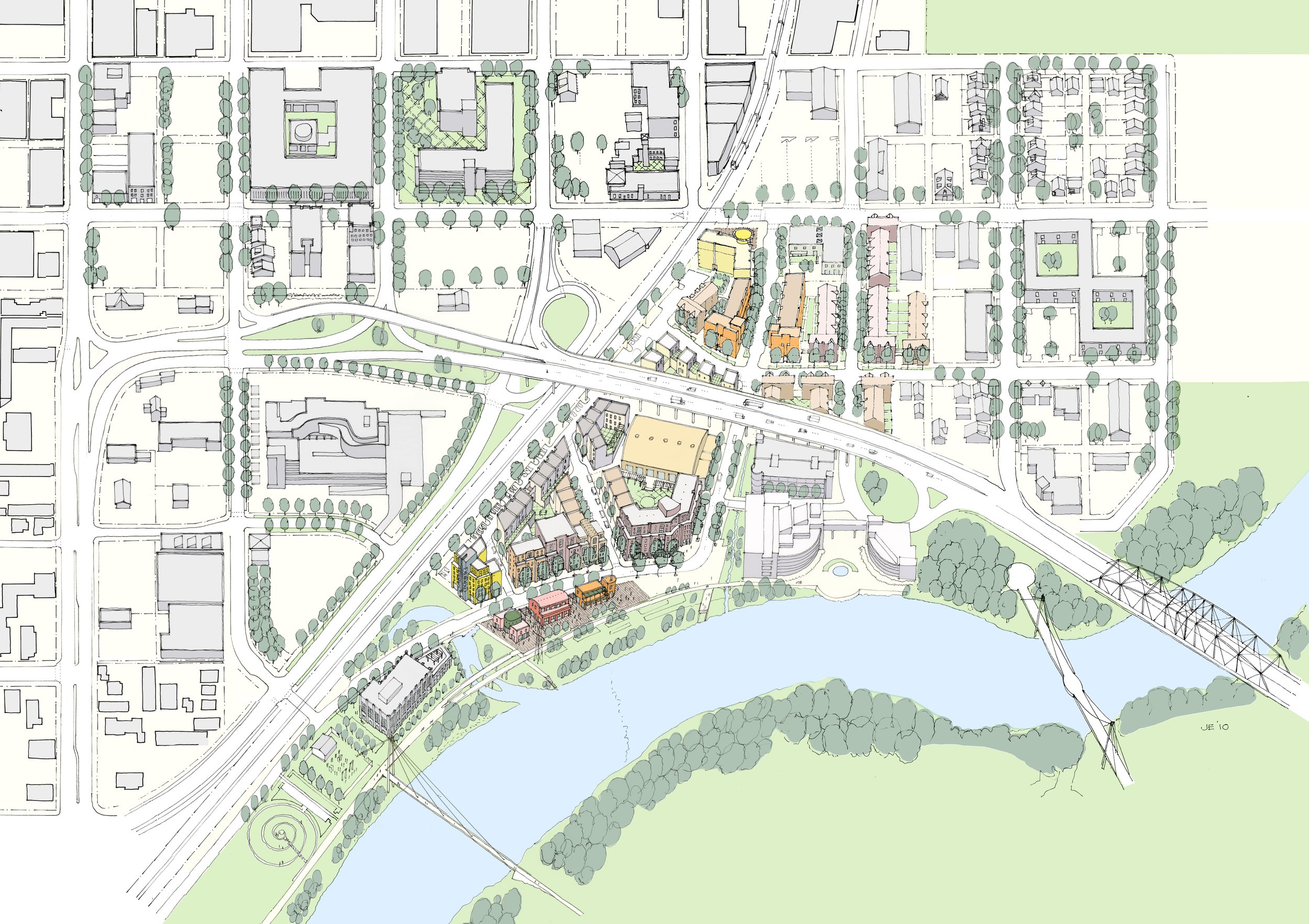 View from the south showing new mixed-use development along the riverfront and a proposed new pedestrian bridge.