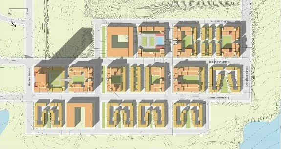 Capacity study plan showing a range of building typologies from townhouses, stacked flats to highrise towers.