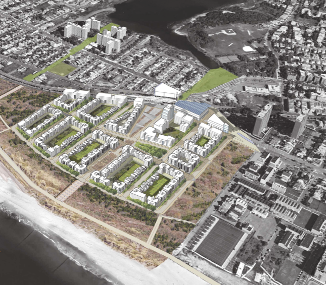Aerial view of the mixed-use neighborhood showing the street and block pattern.