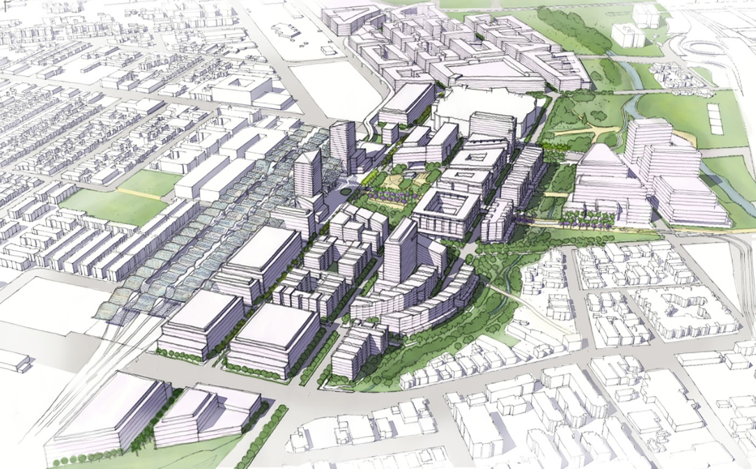 Team 1 proposed a grand public plaza at the station with a formal pair of towers marking the site's civic importance. They also proposed extending the Santa Clara axis to align with the station, coupled with a matching avenue to the south creating a 