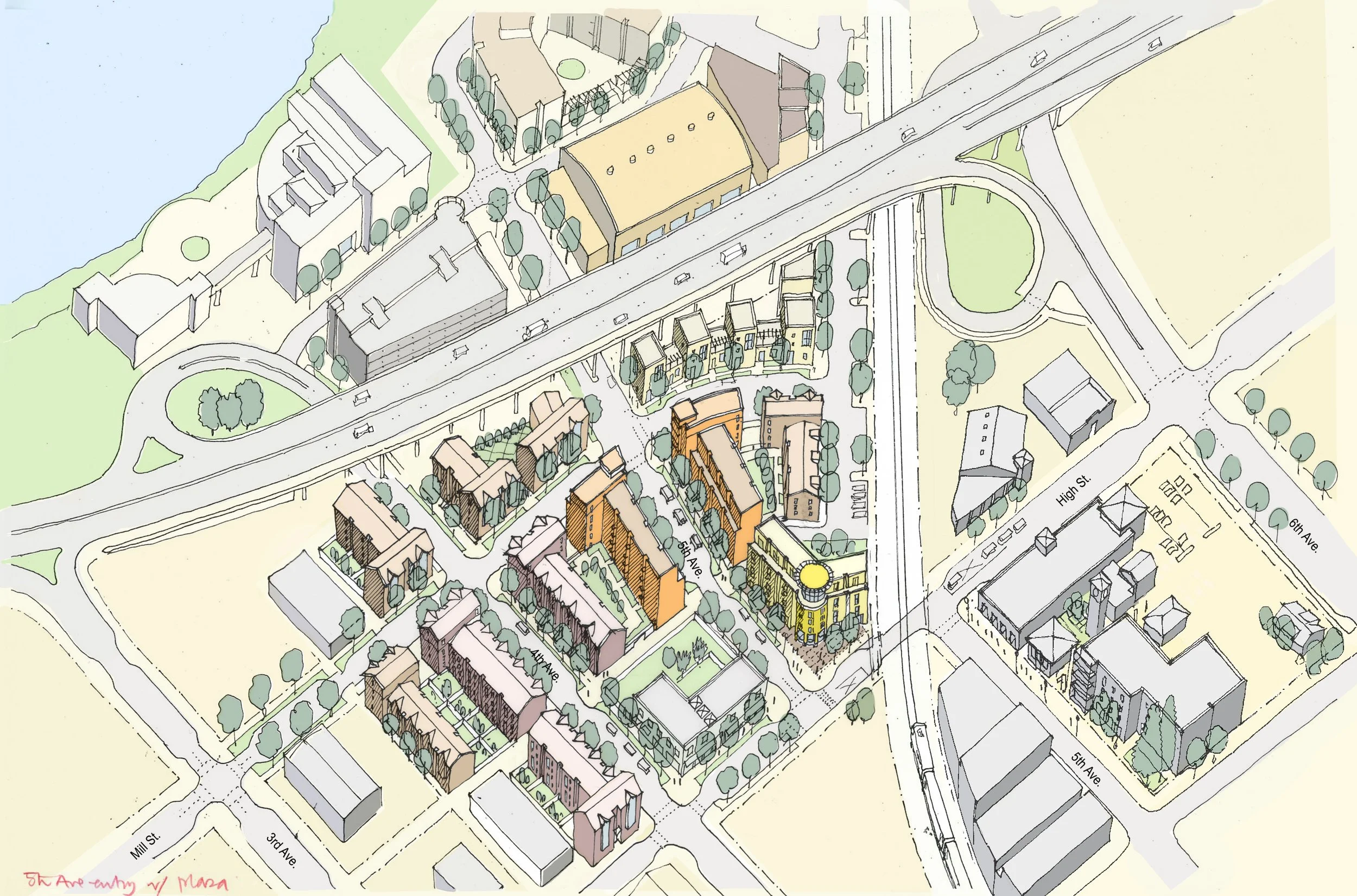 View from the north showing the connections with the adjacent city fabric.