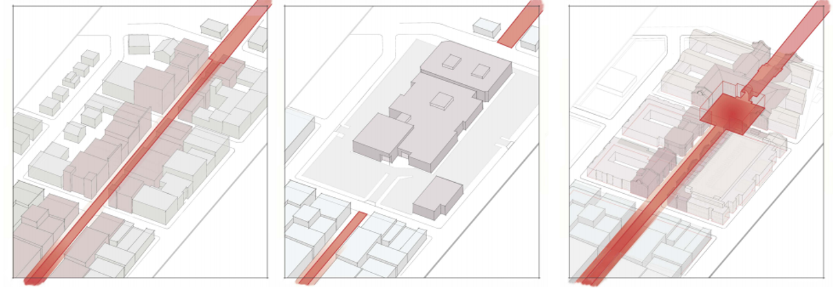 The evolution of State Street from its 1920 era pattern of small parcels and multiple blocks; the 1975-2010 era with the Mall surroundinded by surface parking; to the future condition with a reconstructed State Street and a new public plaza.
