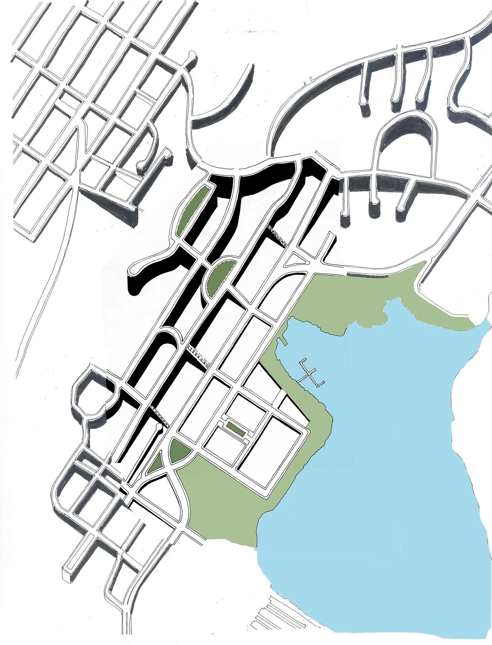 Proposed new street grid restoring the orthoganal pattern and reconnecting with the surrounding context.