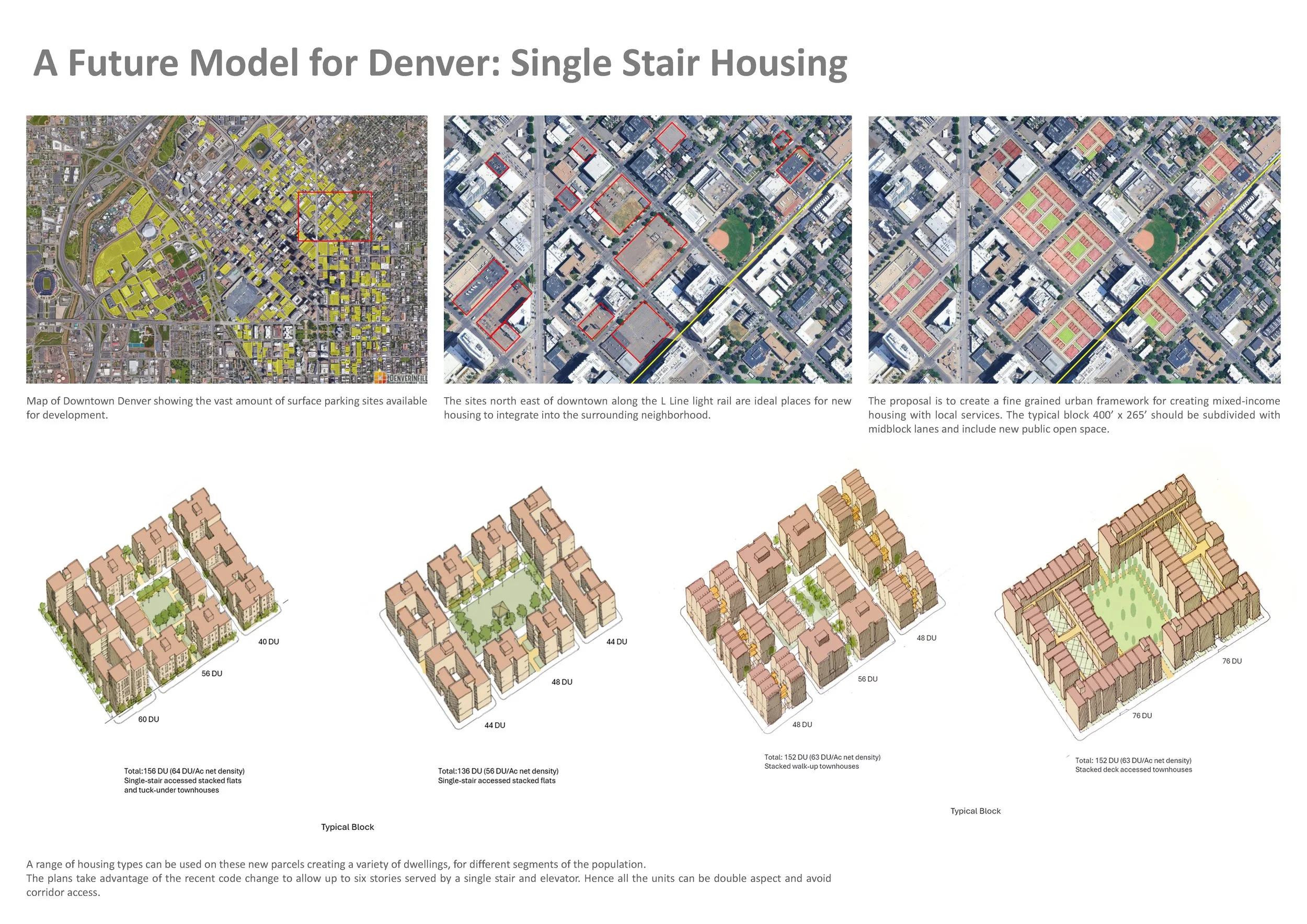 The many empty parking lots close to Downtown Denver offer multiple opportunities for new mixed-income housing, strengthening existing neighborhoods and being supported by transit.