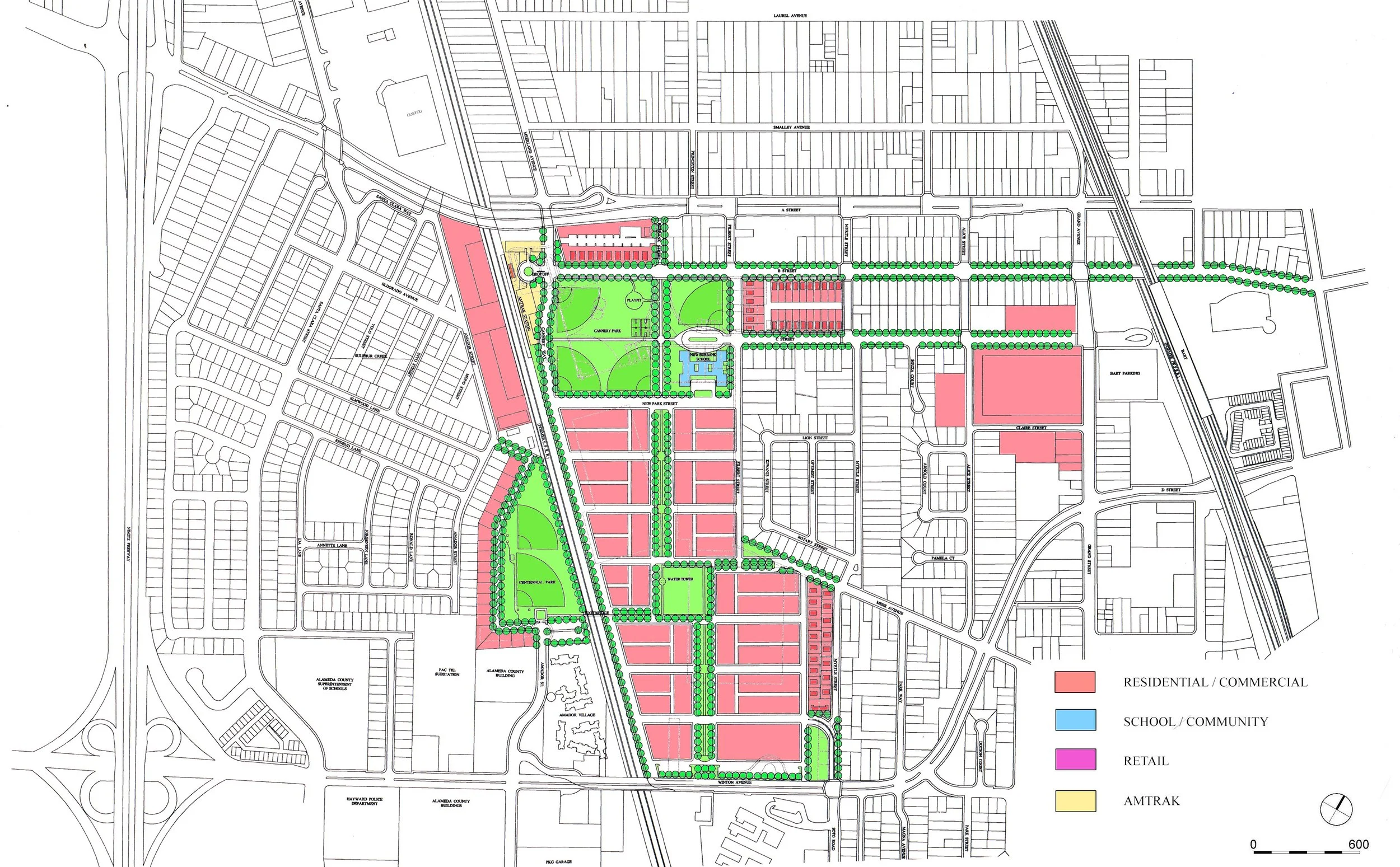The new street and block pattern showing development parcels and build-to-lines.