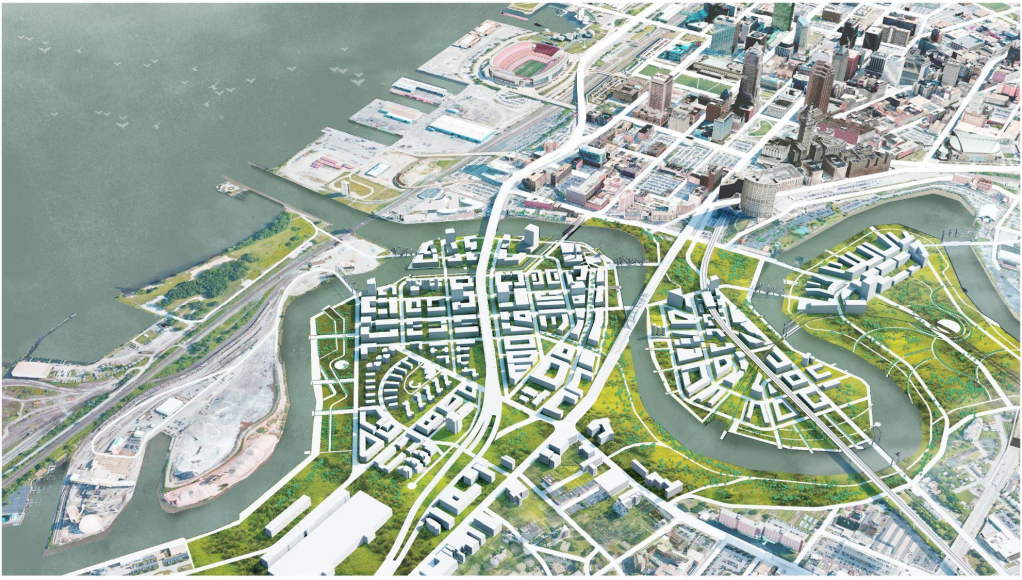 Overview showing the relationship of the sites along the Cuyahoga River with Downtown Cleveland.