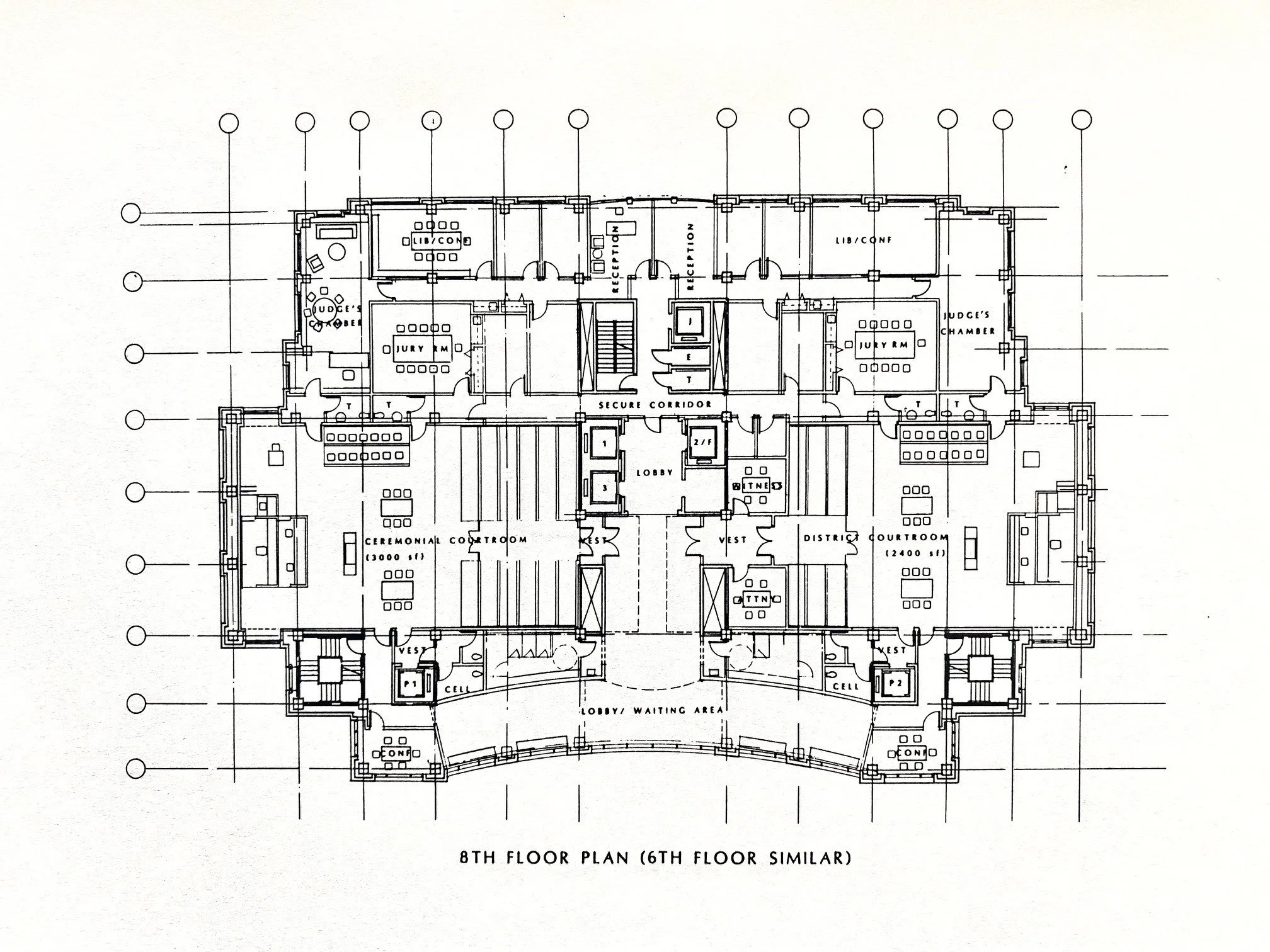 Typical Courtroom floor plan showing the two courtrooms, judges
 chambers, jury rooms and public lobby.