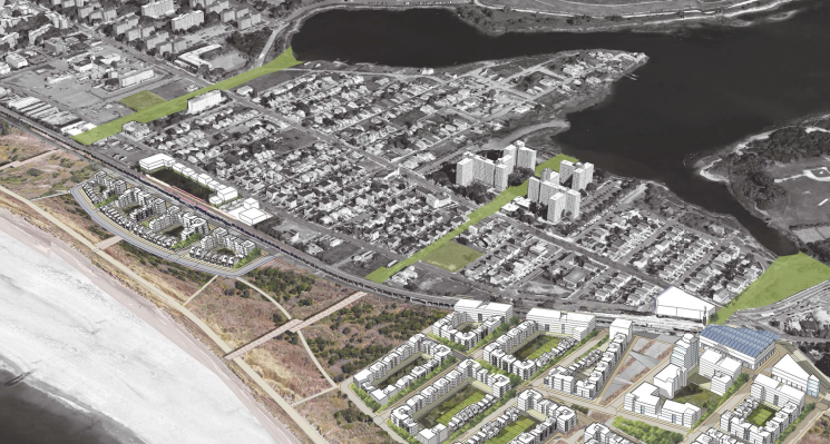 Aerial view showing the green surge corridors to allow back-flow flooding from Jamaica Bay to drain to the Ocean.
