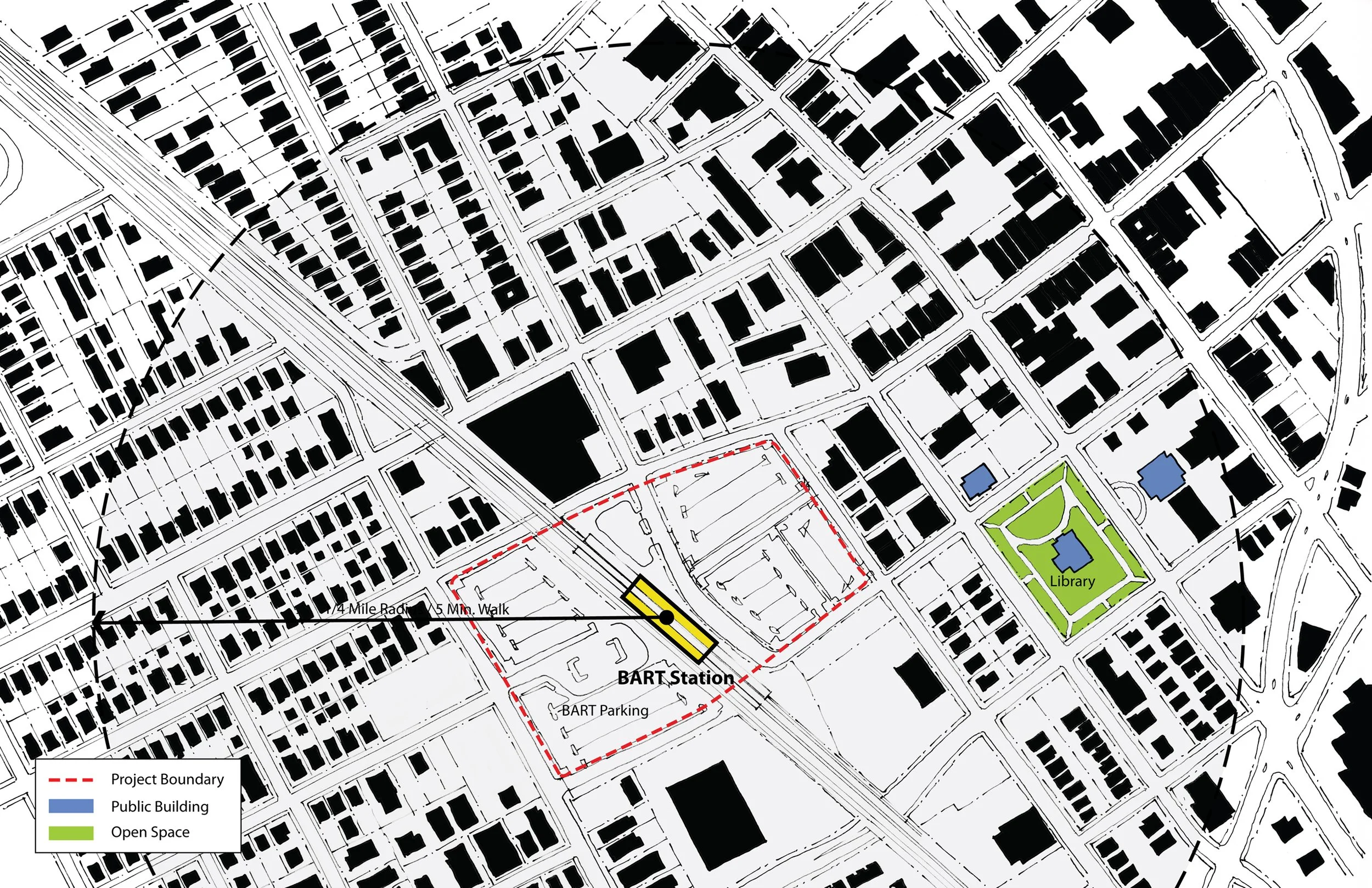 Hayward BART station before showing the surface parking lots and empty parcels.