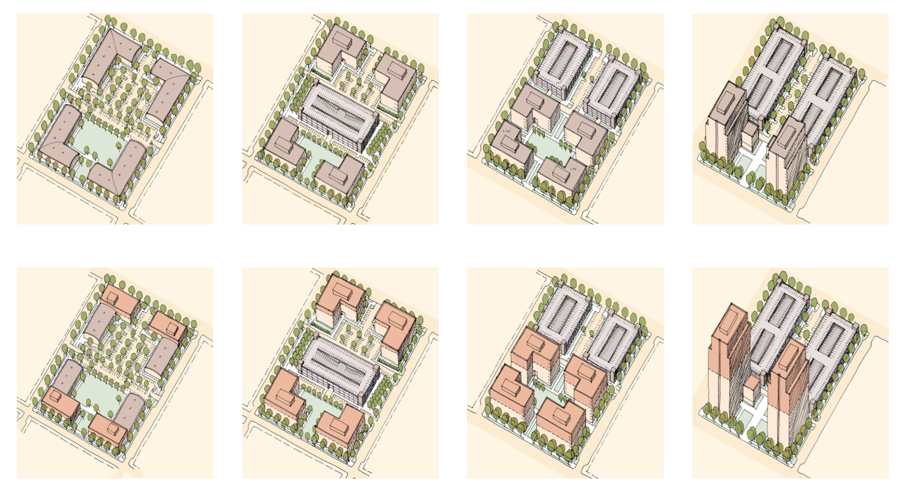 Diagrams showing the relationship between floor area and parking ratios. 