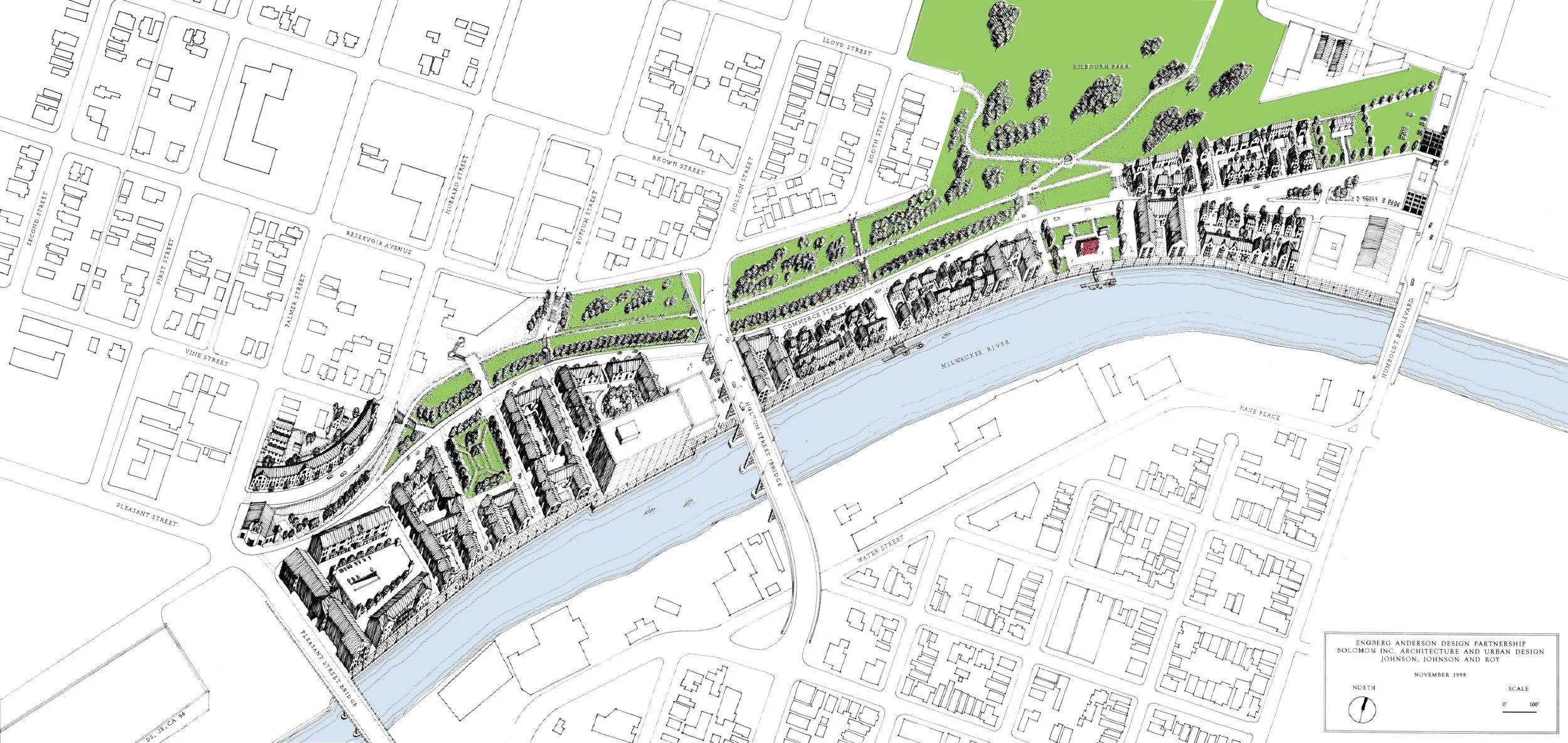 Axonometric of the proposed development showing new housing sand an extension of the Riverwalk.