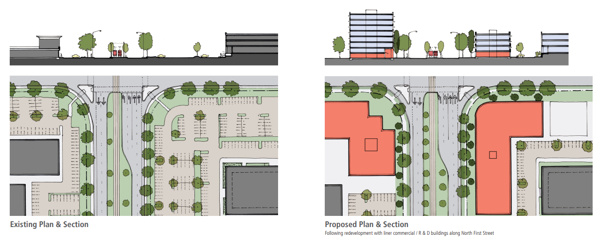Incremental transformation of suburban buildings into a more urban pattern by holding the street walls, using remote parking structures and raising the density.
