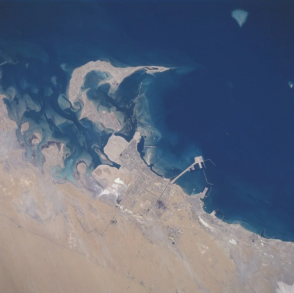 Jubail from Space. Located on the Gulf coast it was planned as a vast industrial city with port facilities.