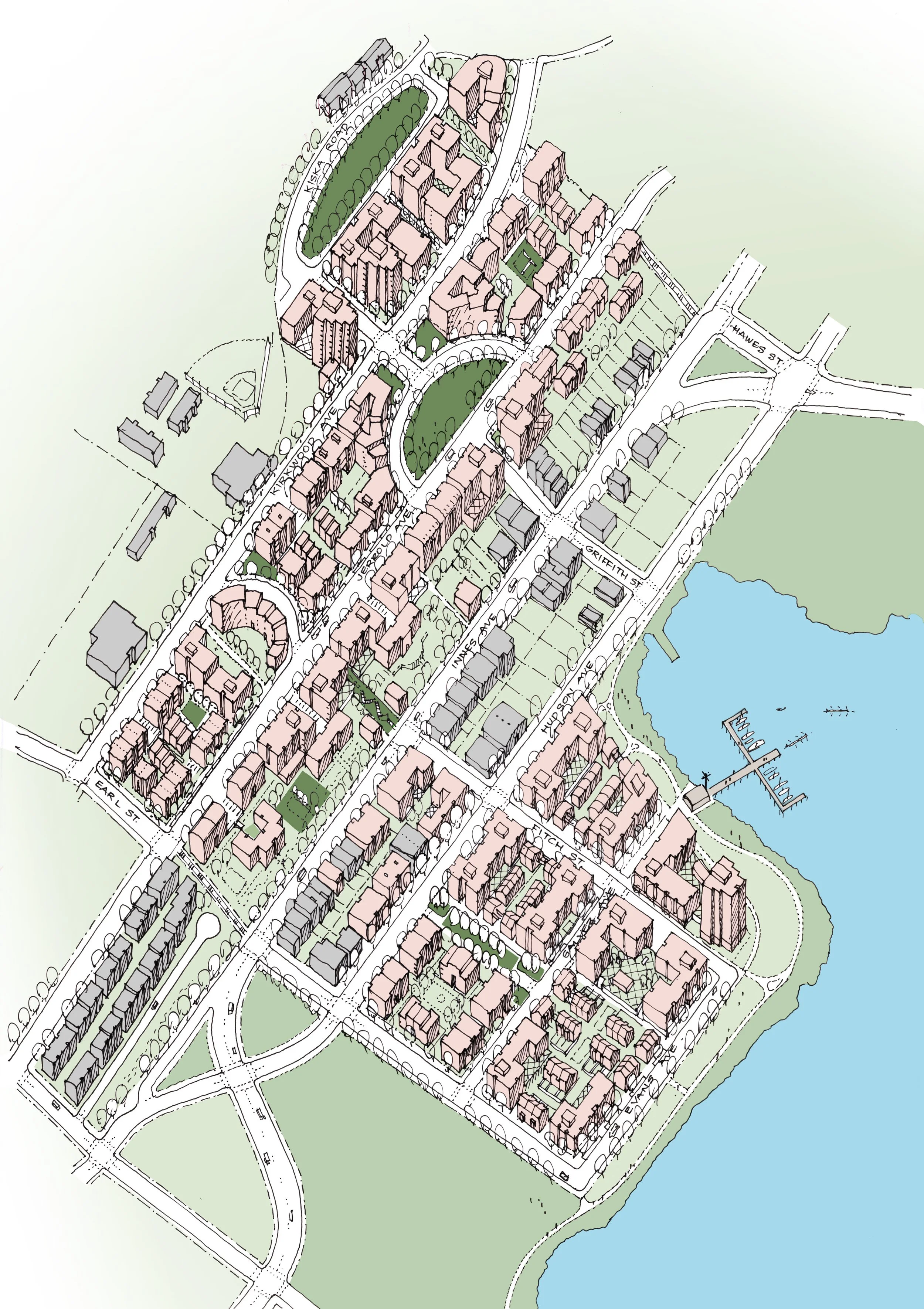 New development along the realigned street grid.