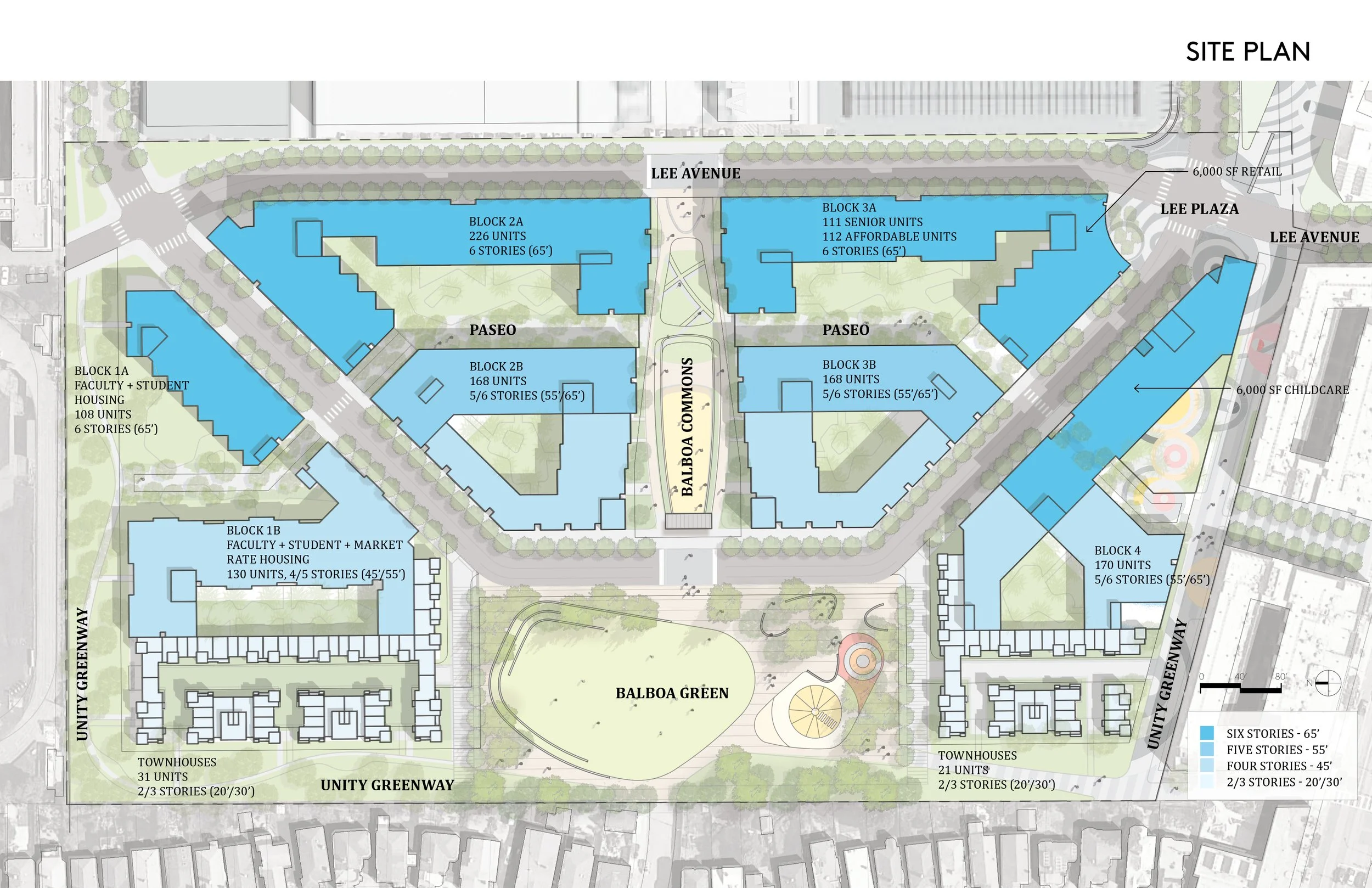 Building footprints showing the stepped massing down towards the adjacent single family housing.