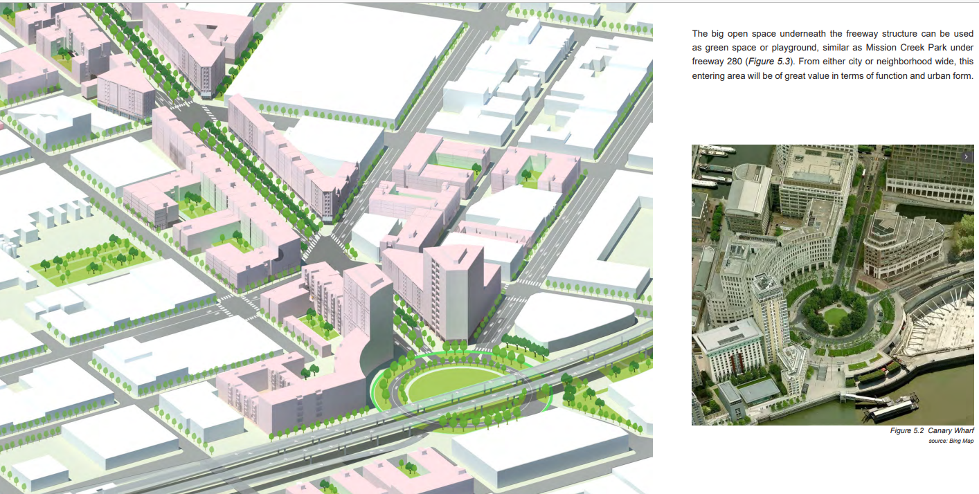 Detail of the new rond-point with Highway 101 and the precedent at Canary Wharf London.
