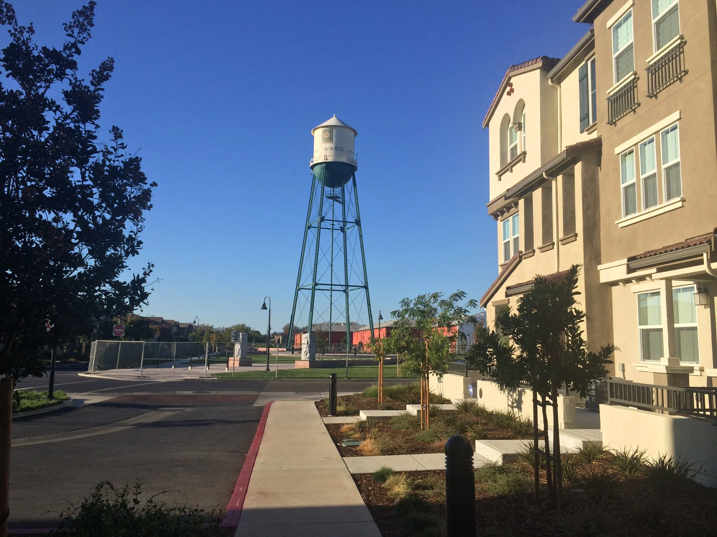 Water tower landmark in the center of the park square.