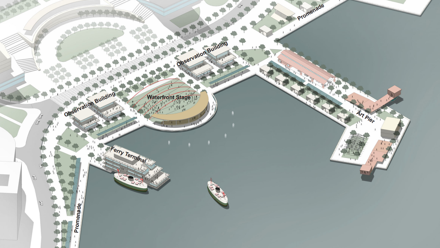 The transformation of the waterfront into a pedestrian esplanade and pier.