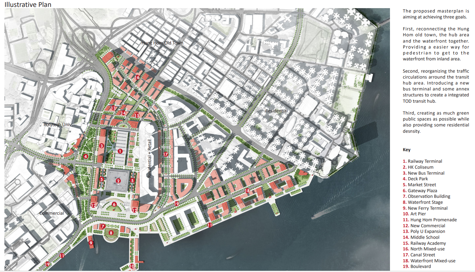 The proposed redesign of the district integrating the current buildings into a new urban form by creating a new ground plane with a park above the tunnel mouth.