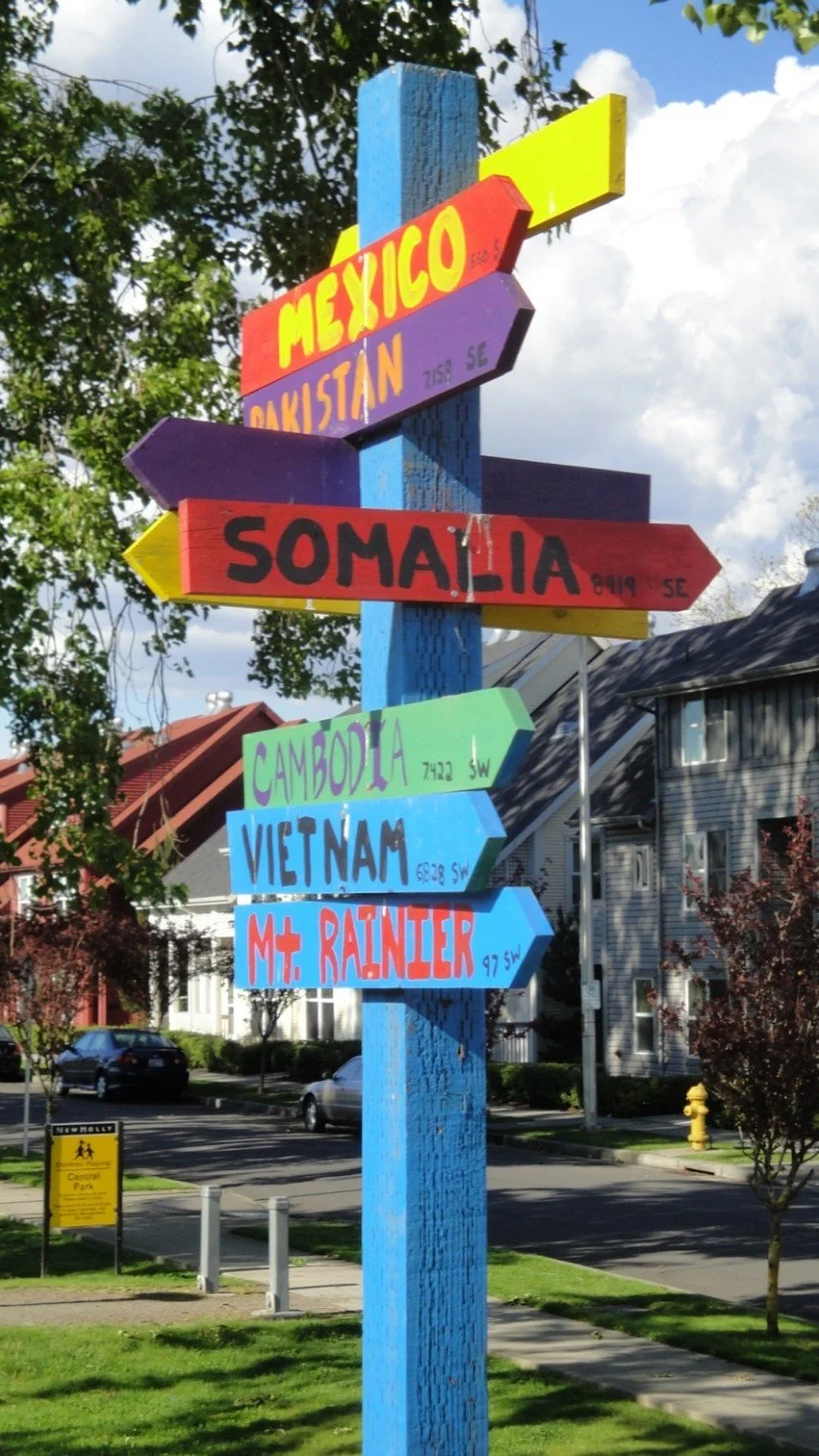 The signpost in the Park that celebrates the diverse origins of many of the residents.