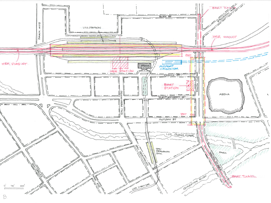 Transit Option 2 would have High Speed Rail in an elevated condition above the existing Caltrain tracks.