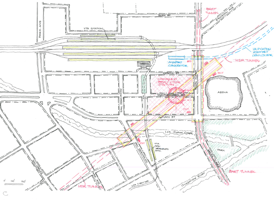 Transit Option 3 would have High Speed Rail in a tunnel under the BART station to allow for a higher speed alignment through the site.