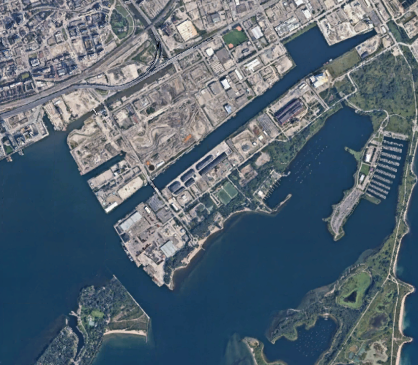 Aerial of Cherry Beach between the canal and the waterfront park.