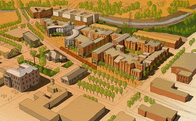 View from the north showing the new housing and the continuation of 5th Street across the tracks.