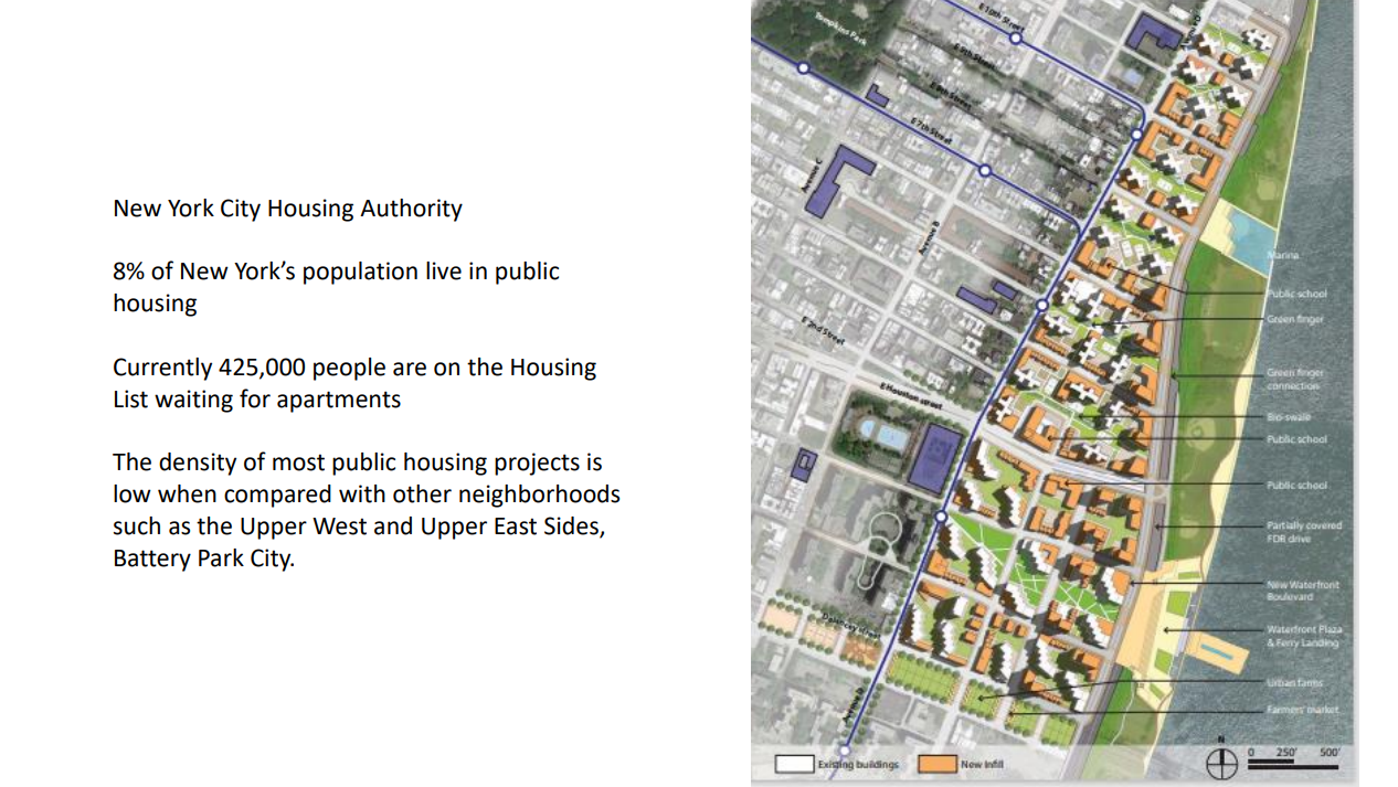 Mohammad was able to demonstrate how one of the Robert Moses era housing estates could be transformed into a higher density neighborhood and returning to the original street and block pattern using existing planning codes.