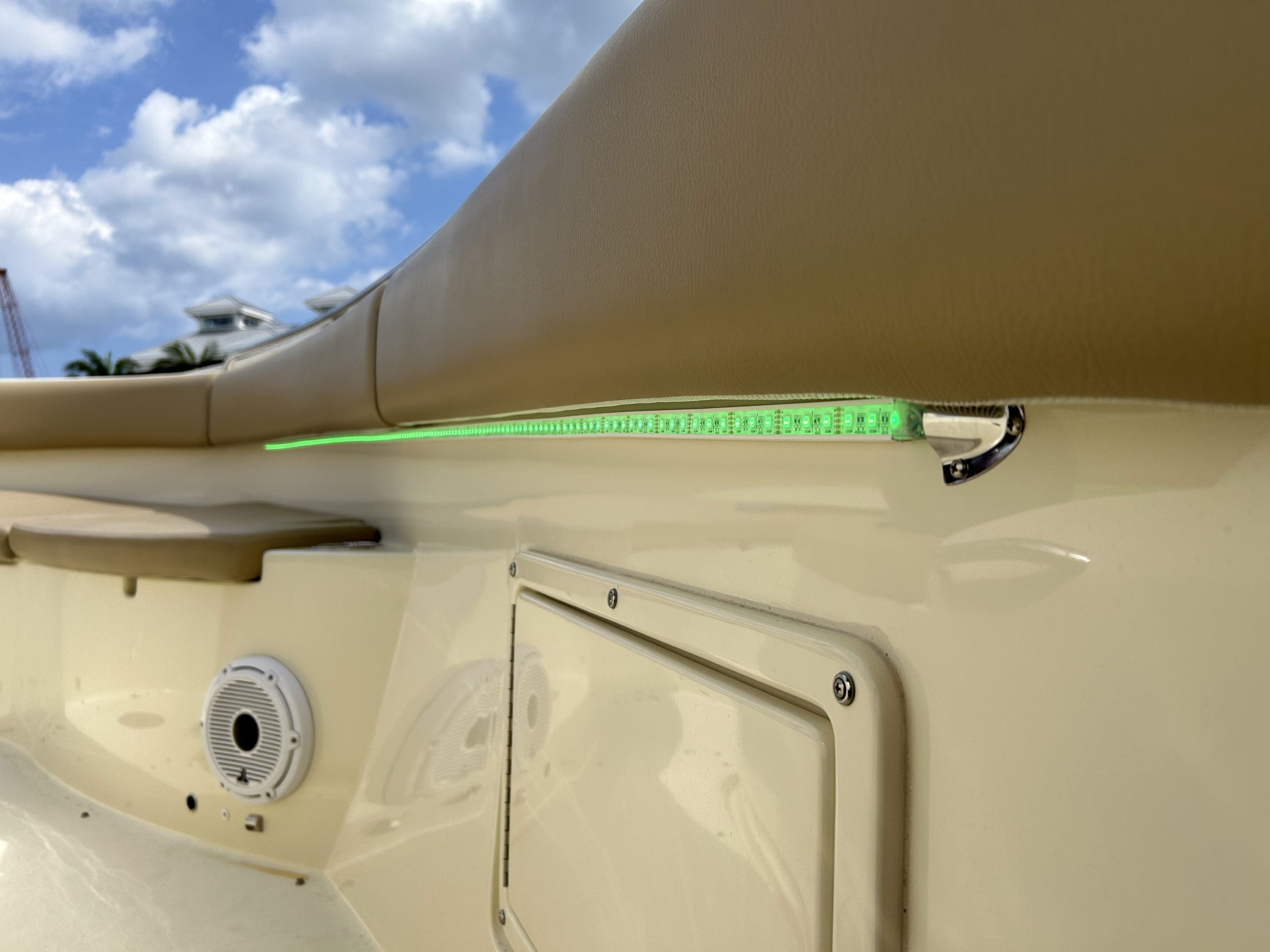 Chris Craft Garmin, stereo, lighting, and electronics upgrades, omnisense night vision cameras, JL Audio, Fusion, Gunwale LED lighting, marine electronics, marine wiring, sportfish marine electronics, sportfish center console, Tequesta marine electro
