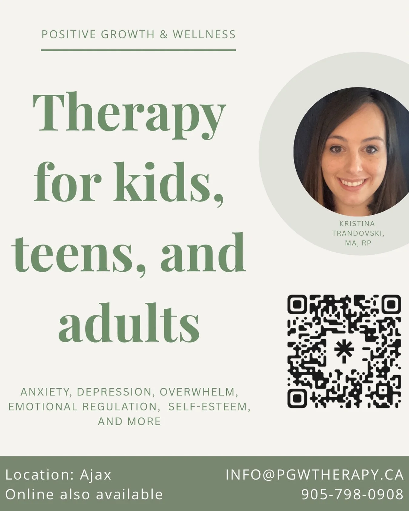 Whether you&rsquo;re a parent looking for support for your child, a teen trying to make sense of big emotions, or an adult feeling stretched thin, there&rsquo;s space here for you.

In-person in Ajax and virtual sessions across Ontario

Ready to take