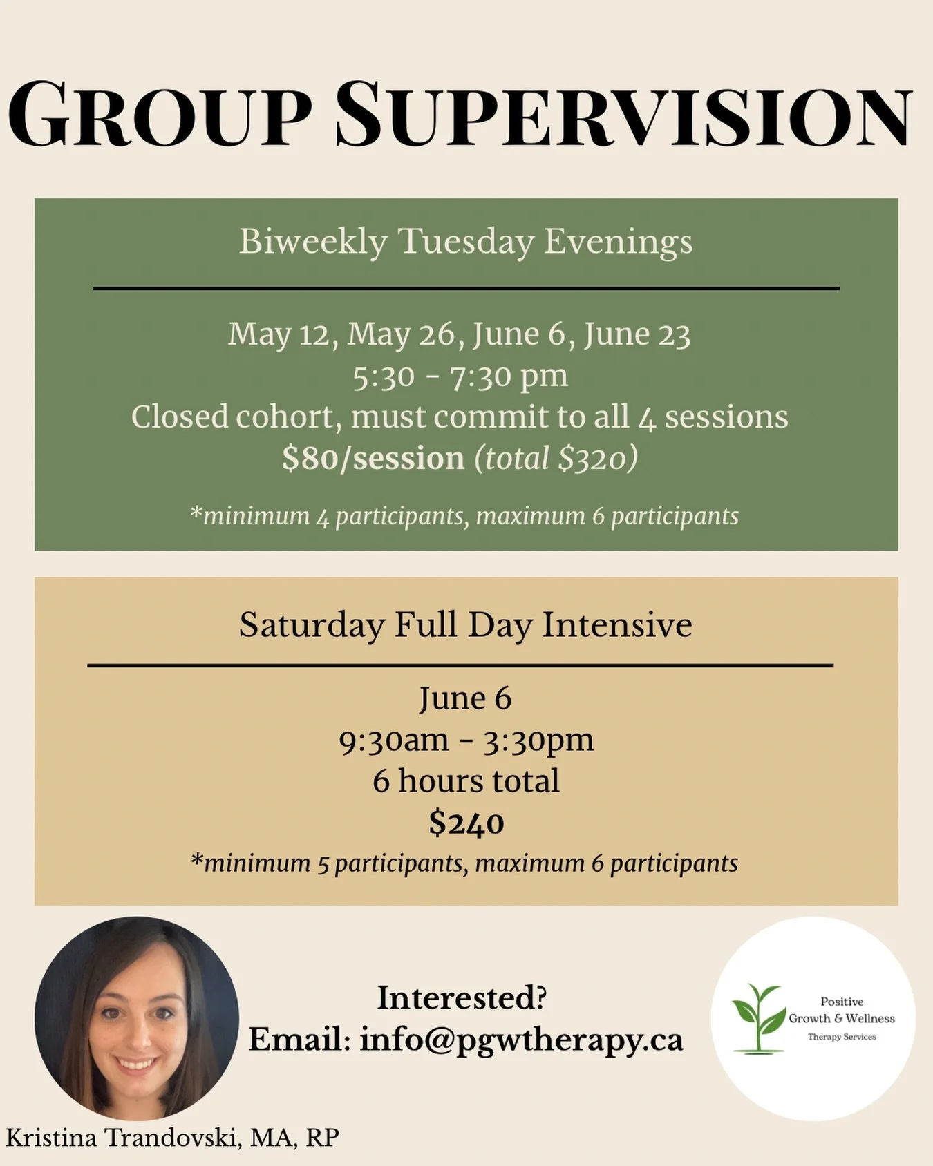 Hey Ontario Therapists! I&rsquo;m offering group #supervision this May and June. If interested, please email info@pgwtherapy.ca or DM and we will send you more info! 
#registeredpsychotherapist #rp #clinicalsupervision