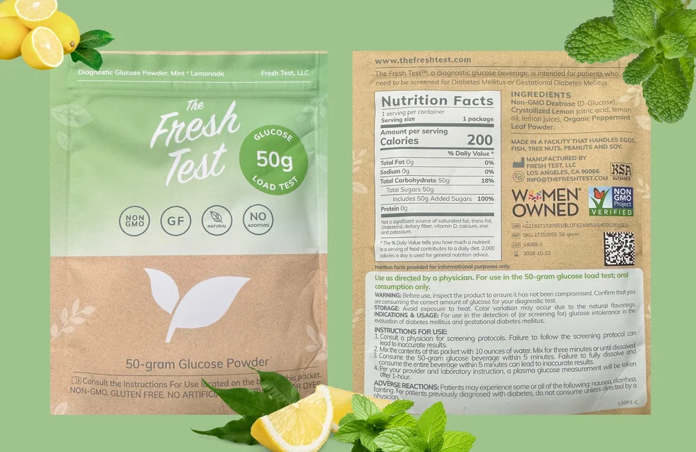 The Fresh Test 50-gram organic glucose powder packet for gestational diabetes screening