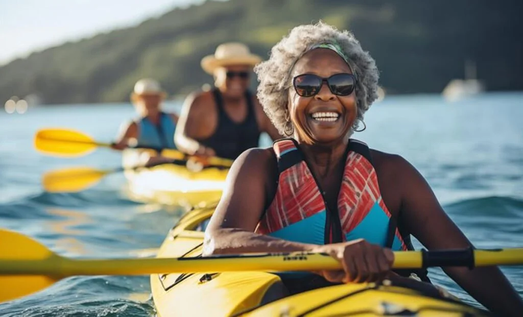 Friends rafting together, staying active and thriving at every age