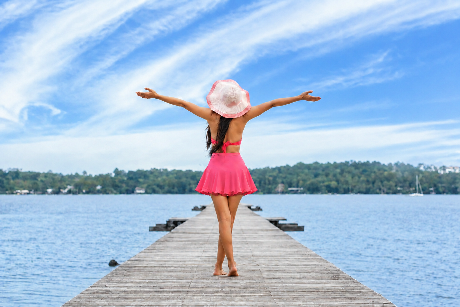 Woman standing in the water with arms open wide, feeling free and full of life