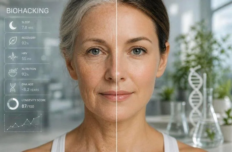 Split portrait comparing how skin ages, a picture of biological age testing