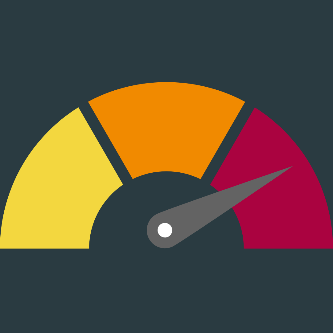 a yellow, orange and red gauge with the arrow pointing to red