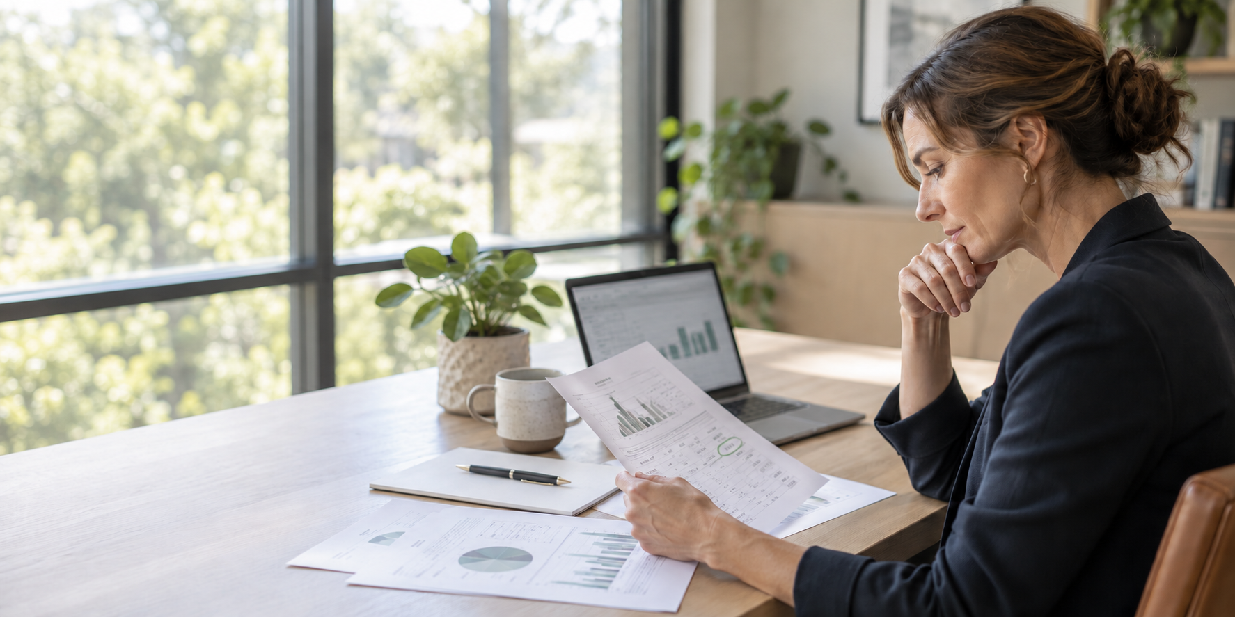 a women sitting at a desk looking at financial reports