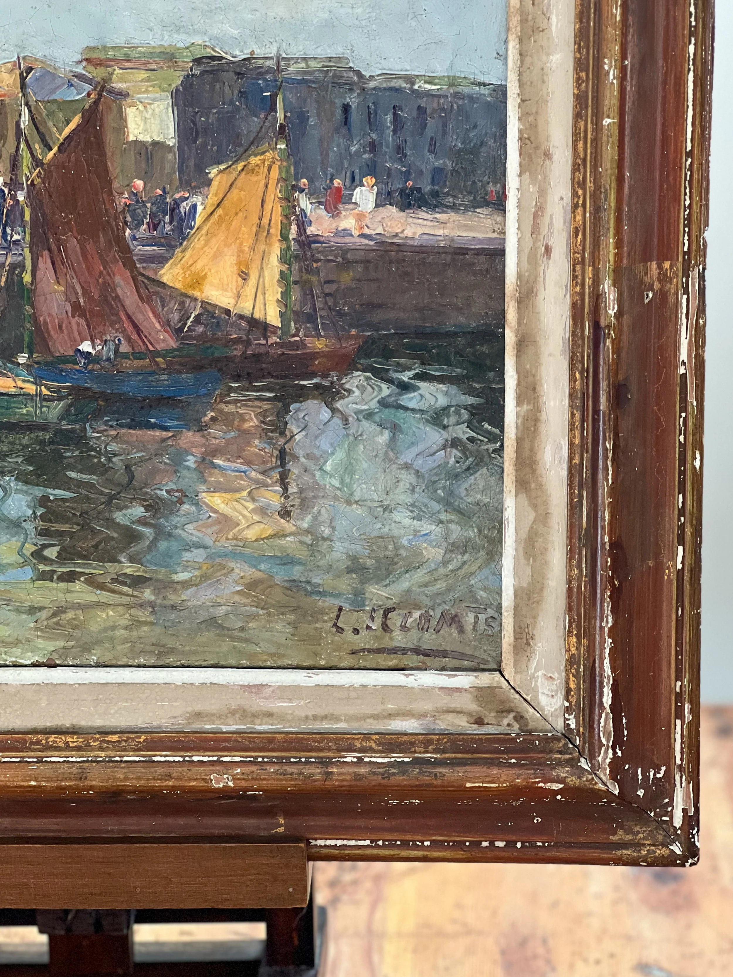 French-harbour-scene-painting-framed-antique-sailboats-2