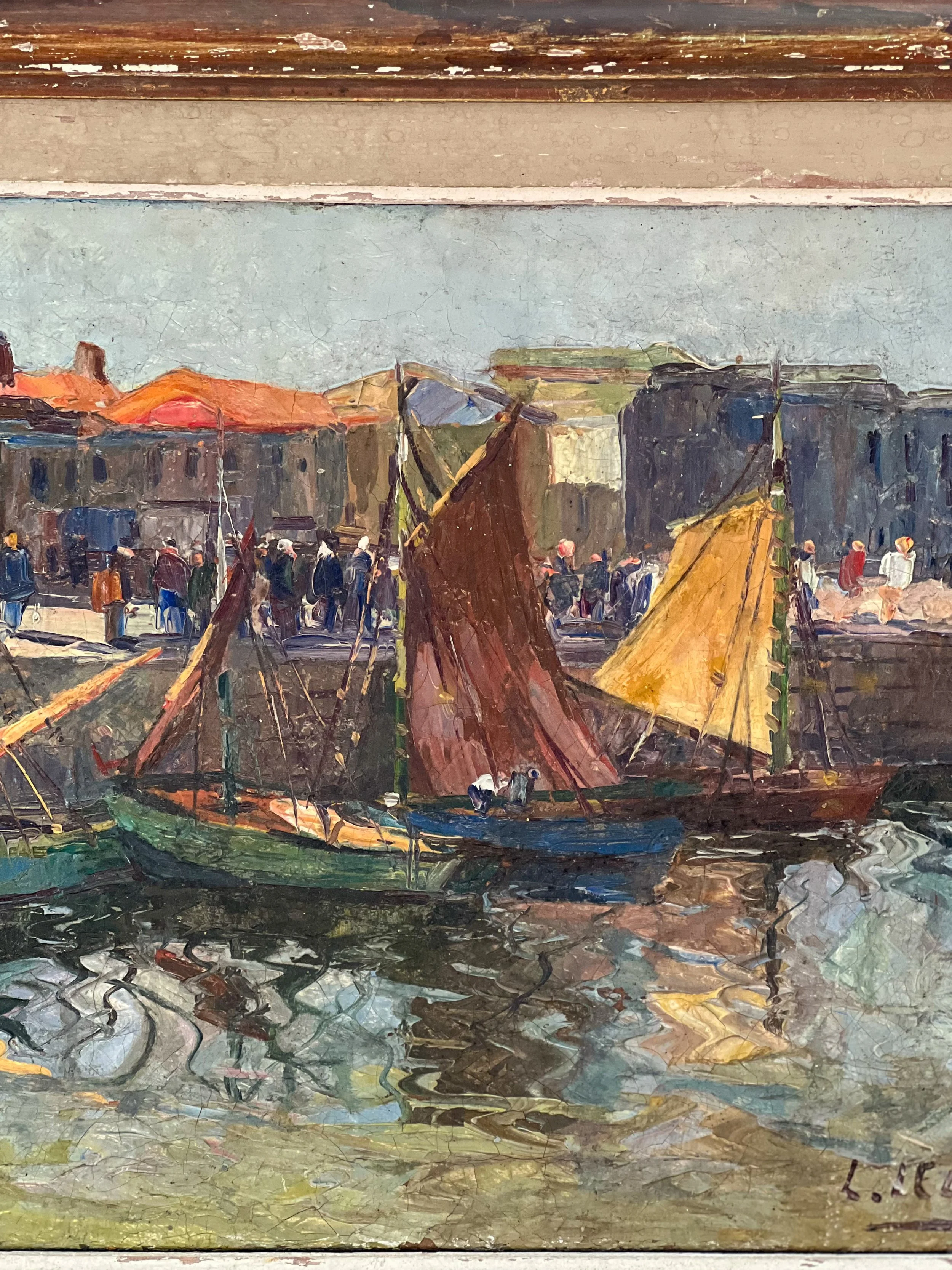 French-harbour-scene-painting-framed-antique-sailboats-3