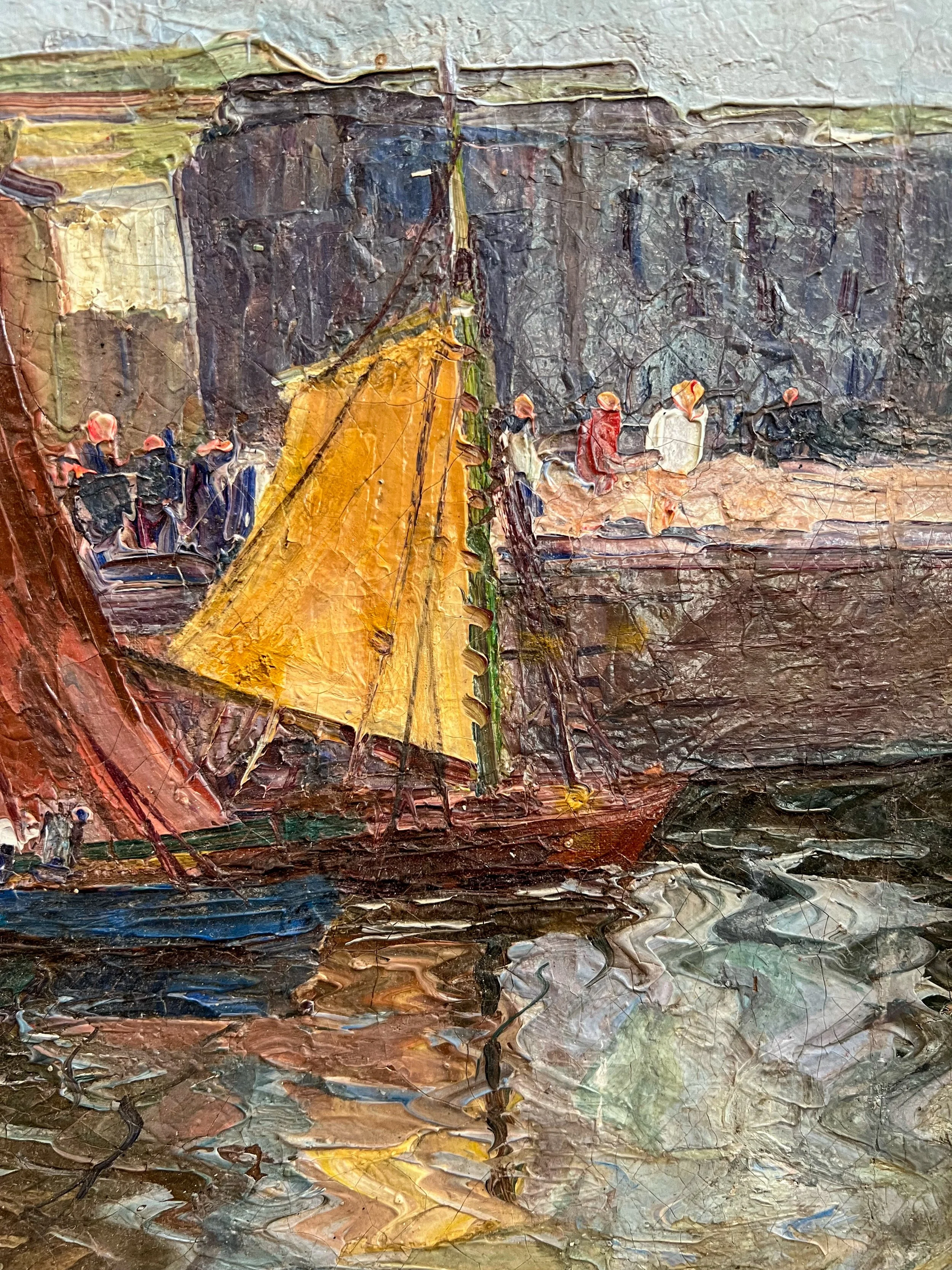 French-harbour-scene-painting-framed-antique-sailboats-5