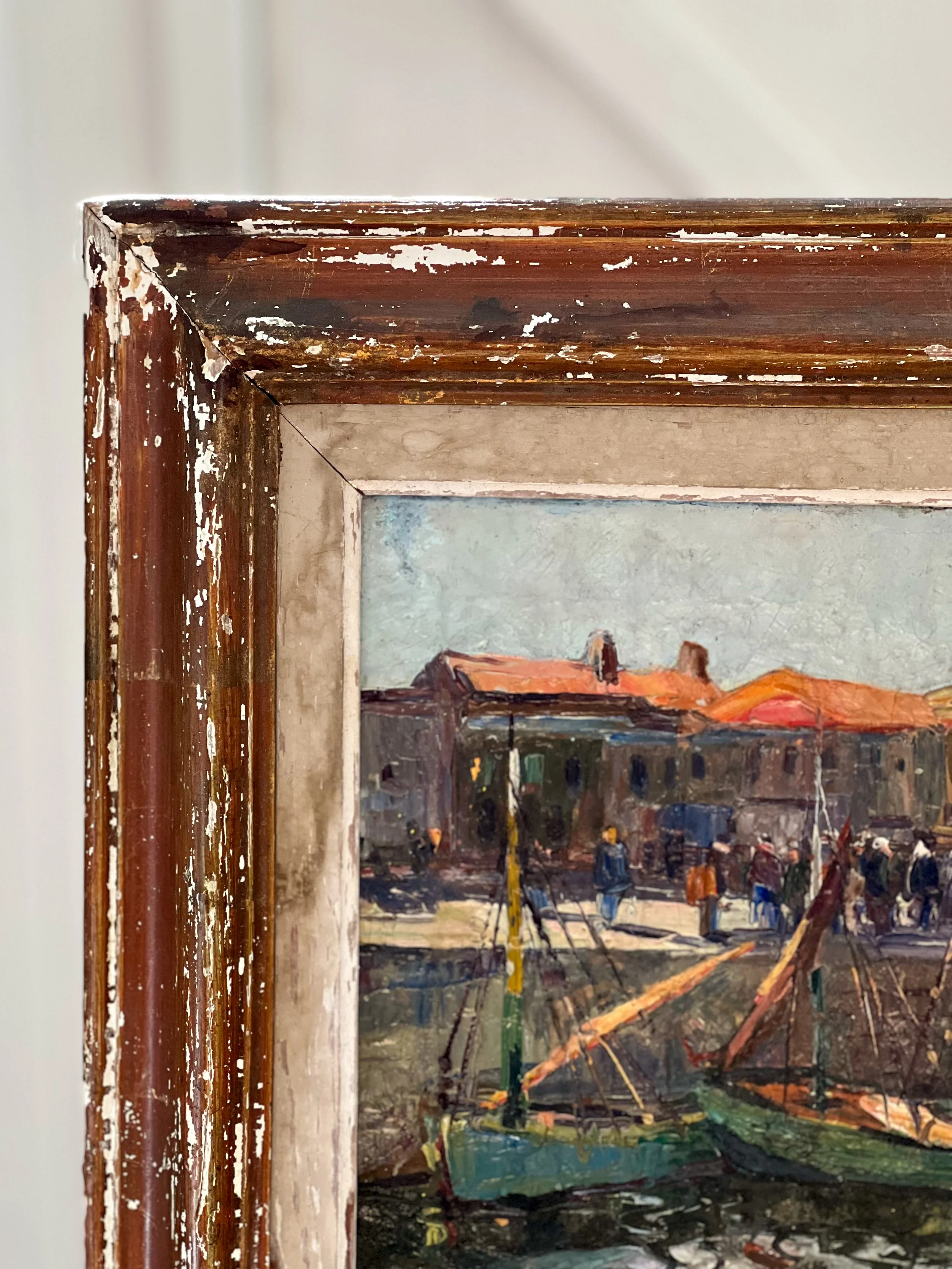 French-harbour-scene-painting-framed-antique-sailboats-4