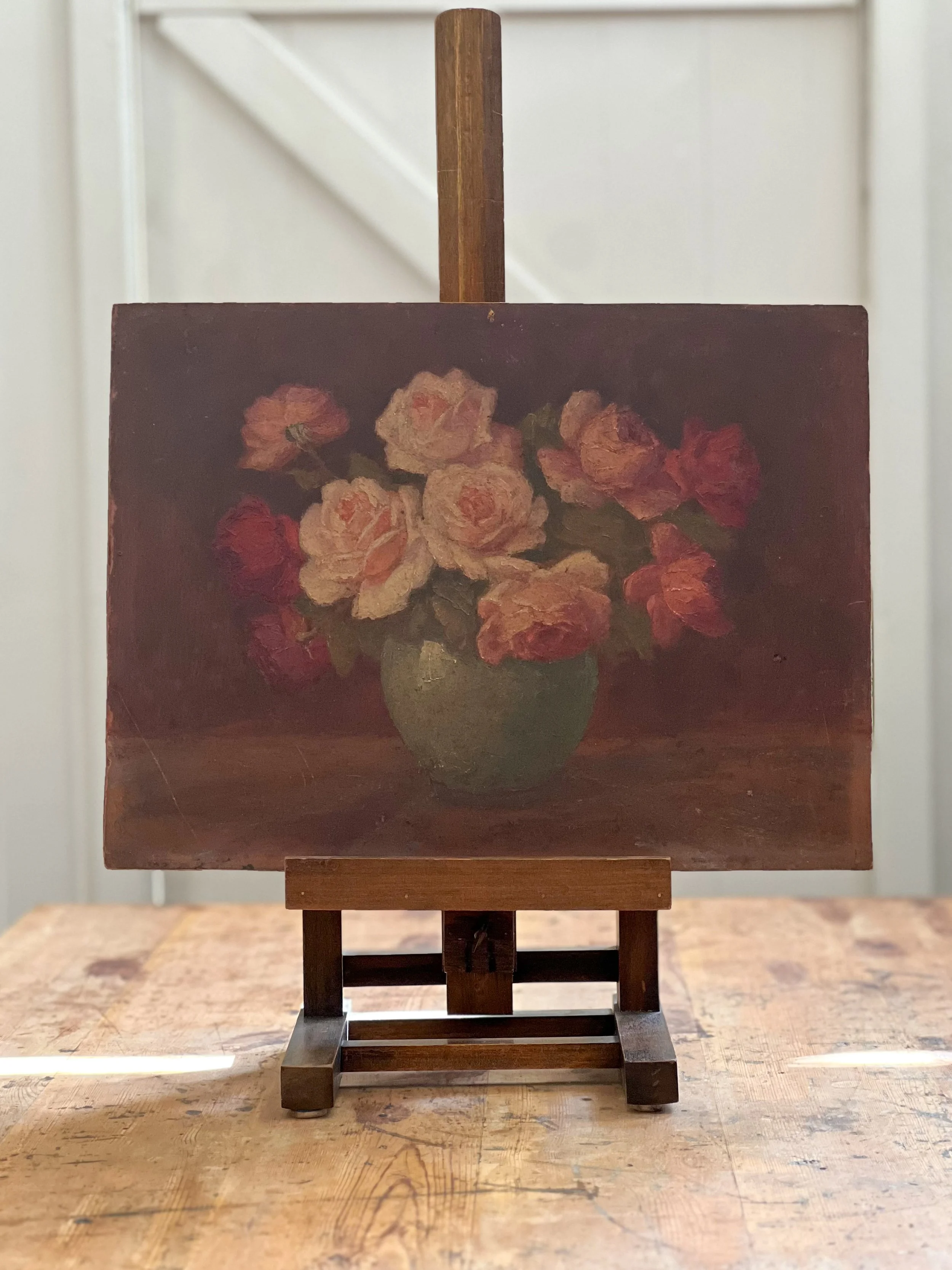 Still-life-painting-flowers-board-oil-antique