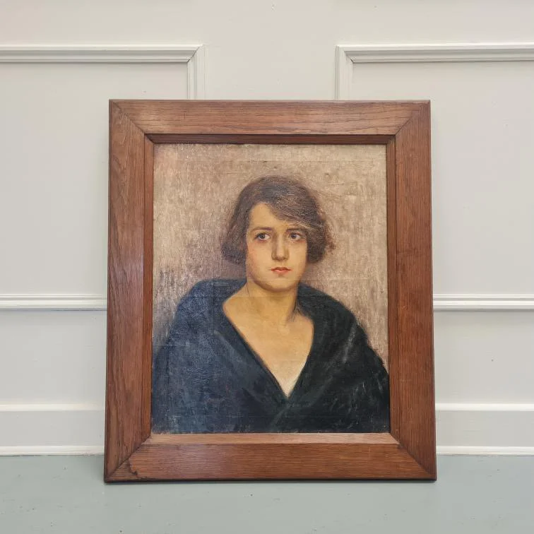 English-portrait-painting-20th-century-antique-oak-frame