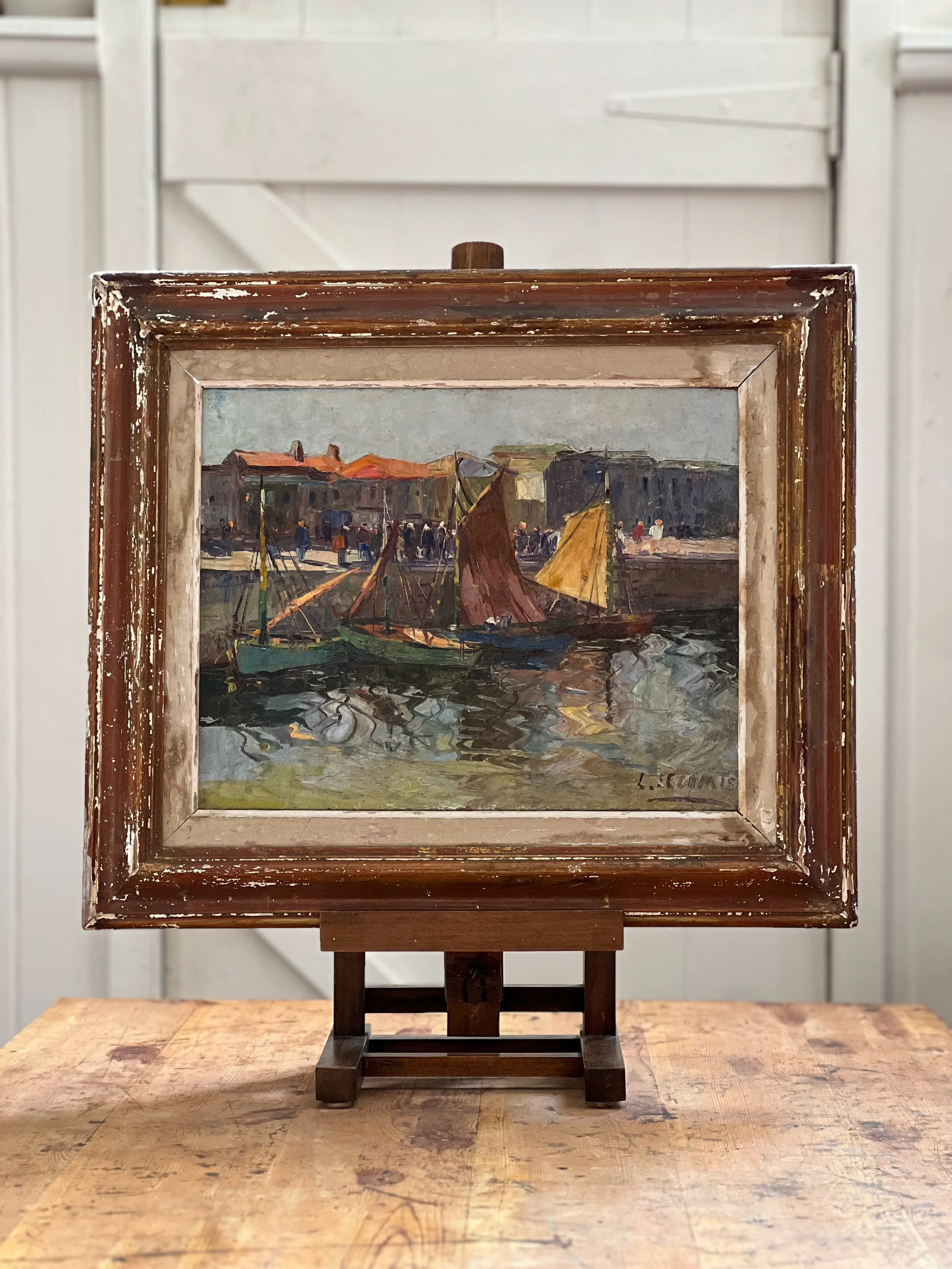 French-harbour-scene-painting-framed-antique-sailboats