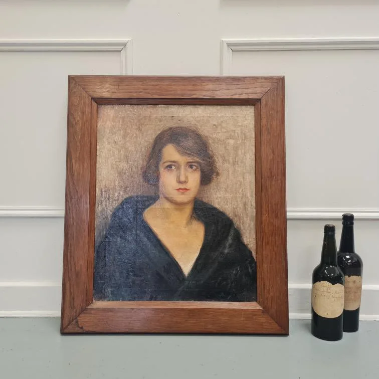 English-portrait-painting-20th-century-antique-oak-frame