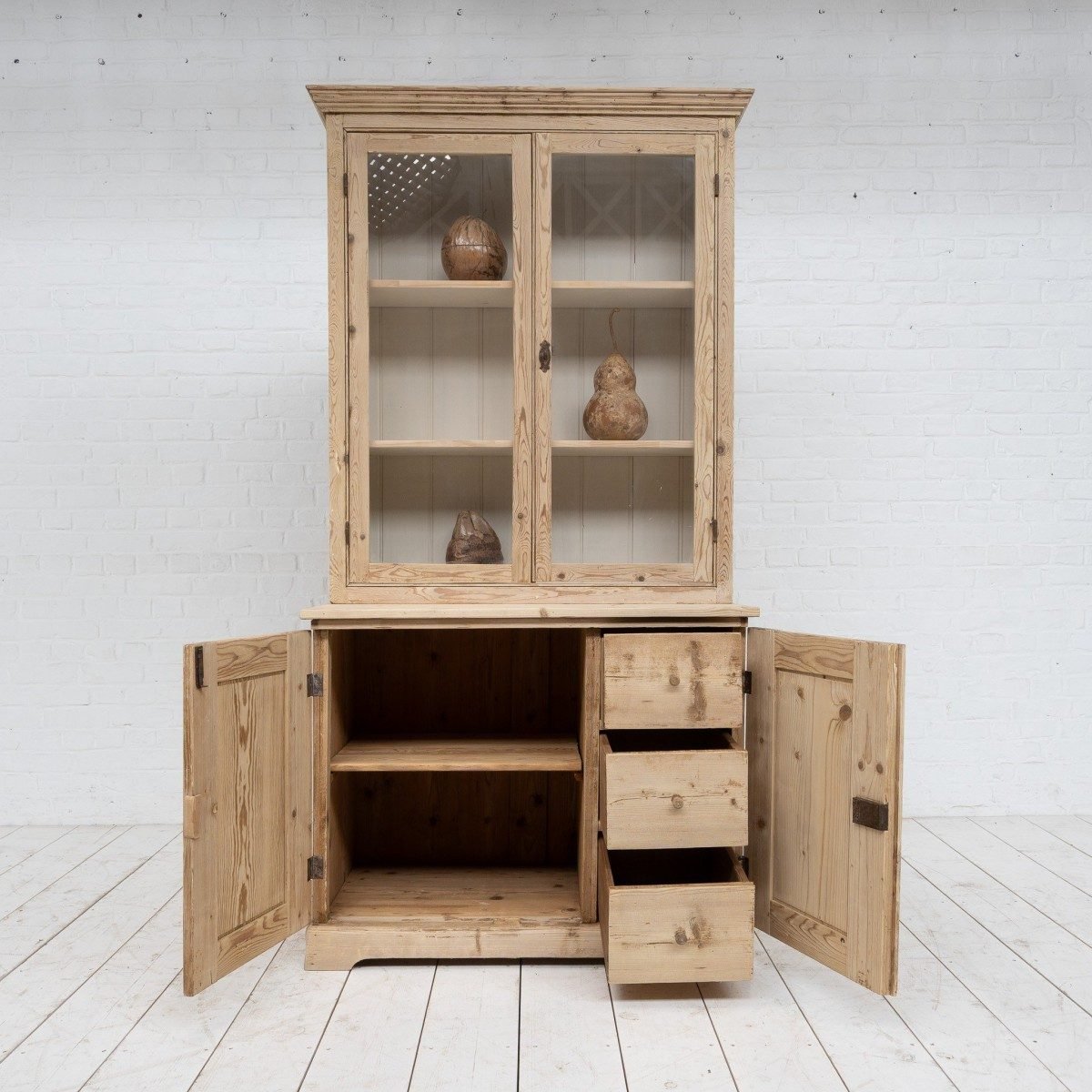antique-French-pine-kitchen-dresser-glass-doors-cabinet