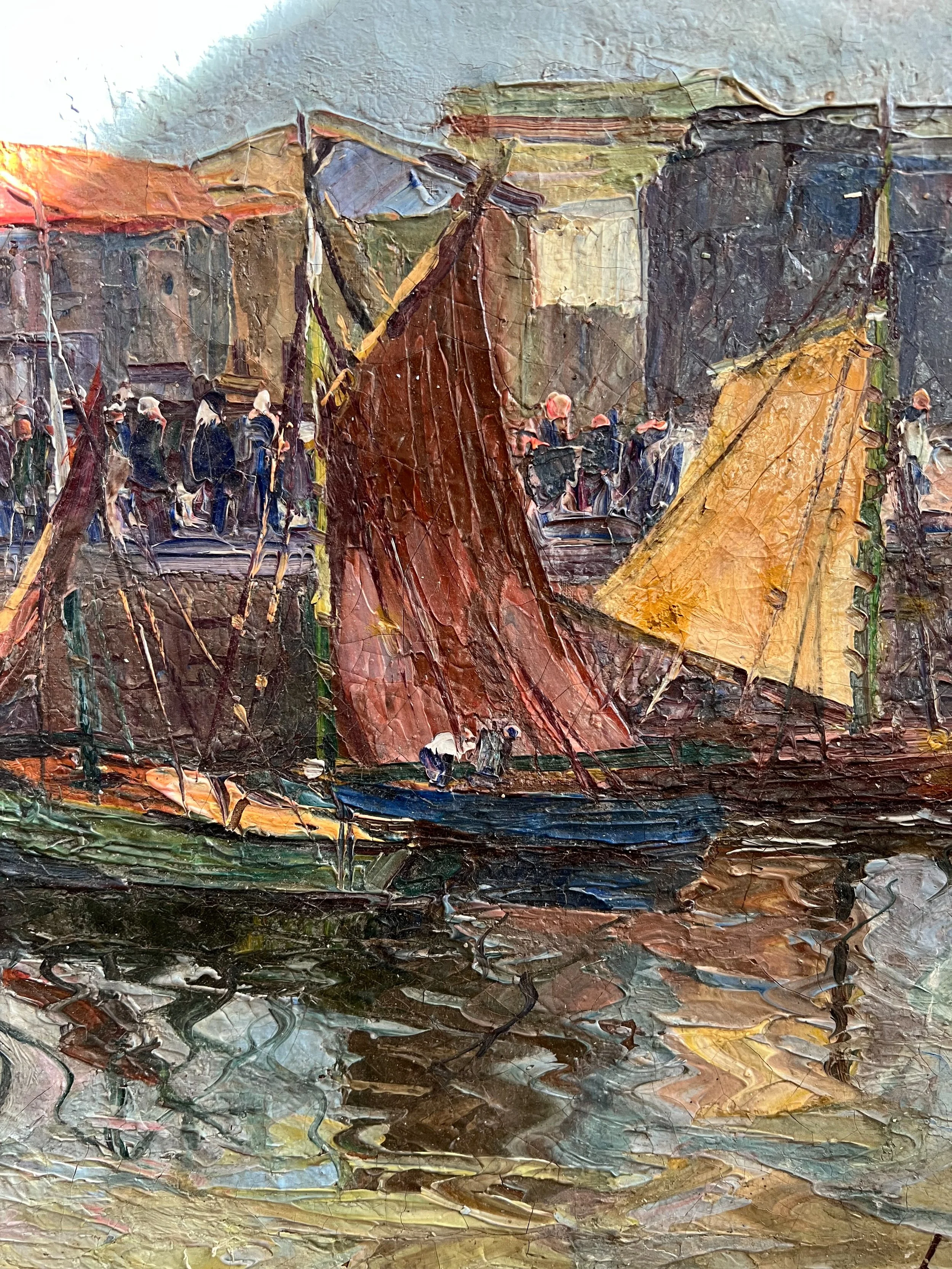 French-harbour-scene-painting-framed-antique-sailboats-6