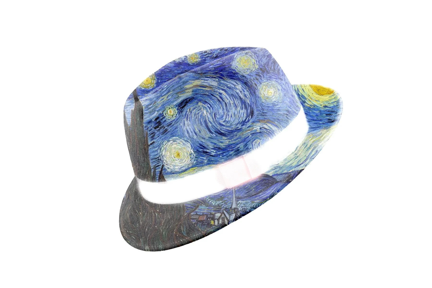 A portable speaker with artwork inspired by Vincent van Gogh's painting 'Starry Night' displayed on its surface.